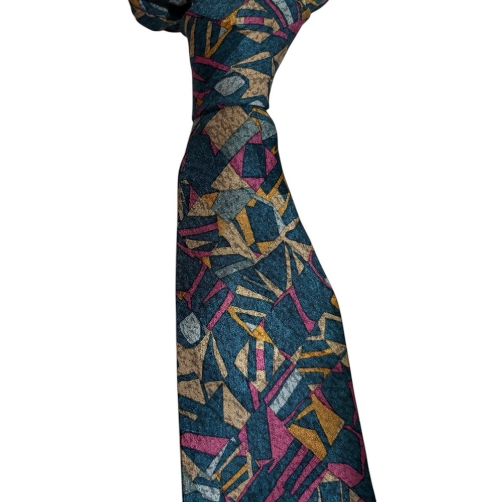 Vintage House of Stuart Signature Silk Tie 90s Abstract Geometric Teal Pink Gold